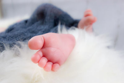 Close-up of baby feet on bed