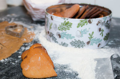 High angle view of cookies in a jar on table