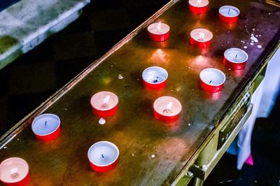 High angle view of multi colored lights on table