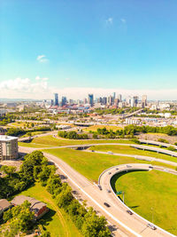 High angle view of nashville cityscape against clear blue sky