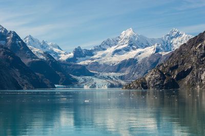 Scenic view of lake and mountains against sky