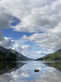 Scenic view of lake by mountains against sky