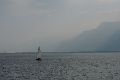 Sailboat sailing on sea against sky