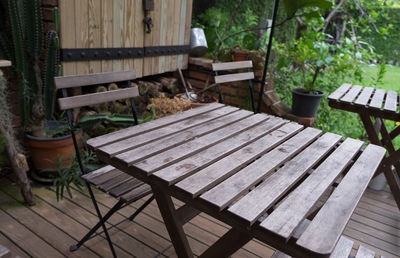 Empty chairs and table in park