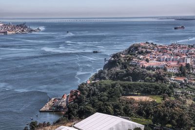 High angle view of sea against clear sky