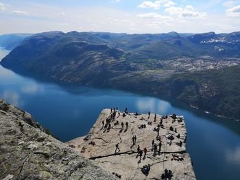 High angle view of tourists on mountain