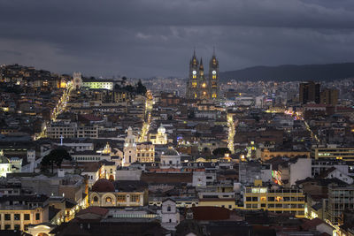 High angle view of illuminated city at night