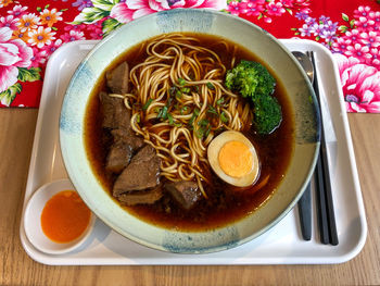 High angle view of soup in bowl on table