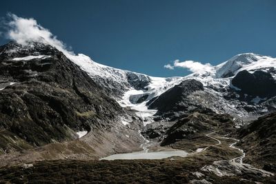 Scenic view of snow covered mountains against sky