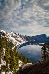 Scenic view of snowcapped mountains and lake against sky