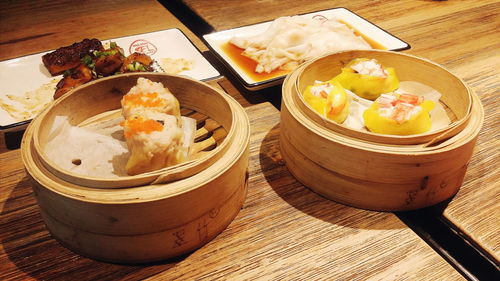 Close-up of food served on table