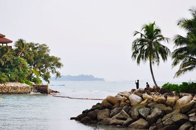 Female friends on rocky shore against sky