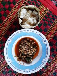 High angle view of meal served on table