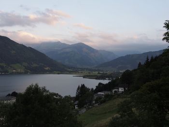 Scenic view of mountains and lake against sky