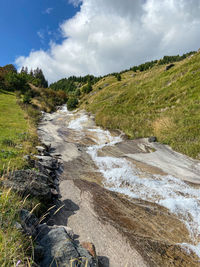 Scenic view of stream amidst trees against sky