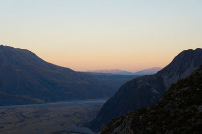 Scenic view of mountains against sky during sunset