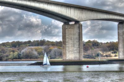 Arch bridge over river against sky