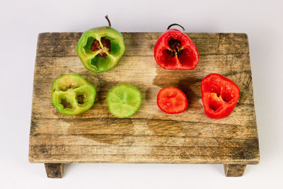 High angle view of chopped fruits on cutting board