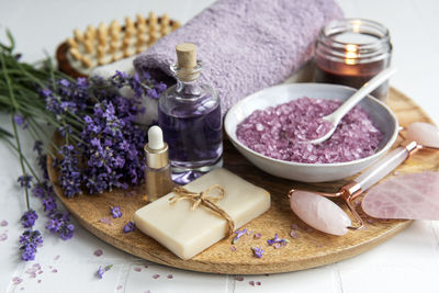 Lavender spa. essential oils, sea salt, towels and handmade soap. 