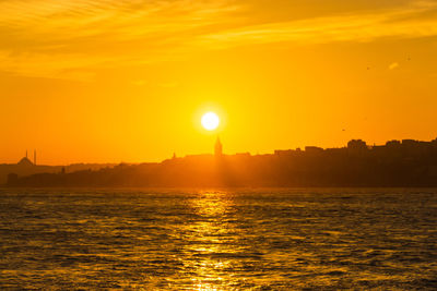 Scenic view of sea against orange sky