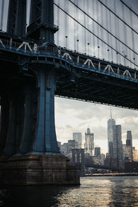 Low angle view of bridge over river against buildings