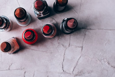 High angle view of bottles on table