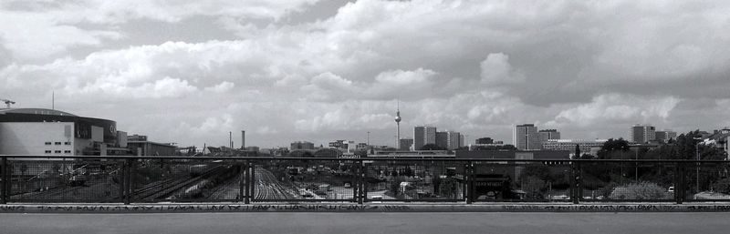 View of cityscape against cloudy sky