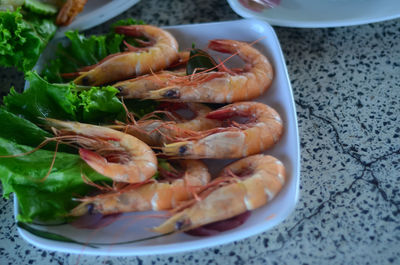 High angle view of seafood in plate on table