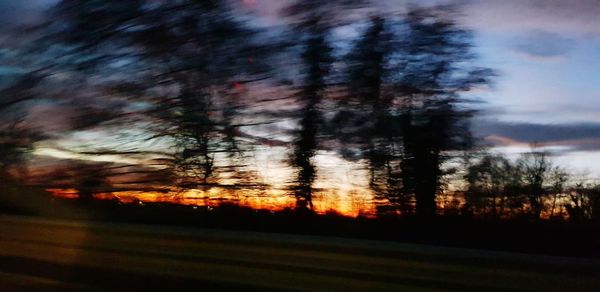 Silhouette trees by road against sky during sunset