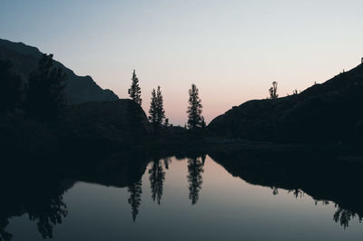 Reflection of silhouette trees in lake against sky during sunset