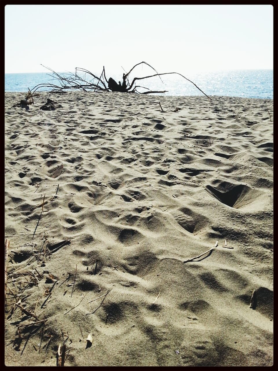 beach, sand, sea, water, transfer print, shore, horizon over water, tranquility, tranquil scene, auto post production filter, scenics, nature, footprint, beauty in nature, clear sky, sky, wave, coastline, day, vacations