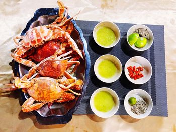 High angle view of meal served on table