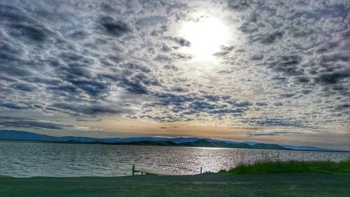 Scenic view of lake against cloudy sky