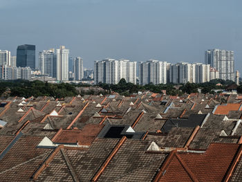 Residential roofscape against clear sky