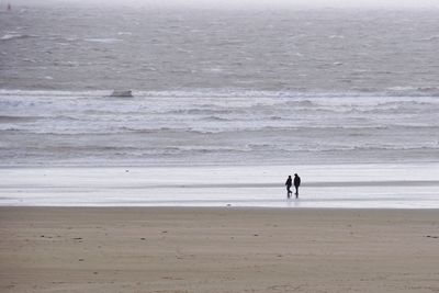 People walking on beach by sea against sky