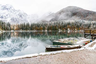 Scenic view of lake by mountains during winter