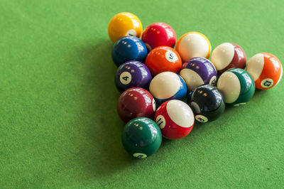 High angle view of multi colored balls on table