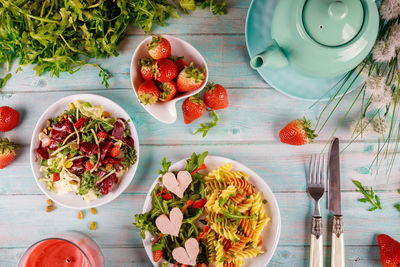 High angle view of breakfast served on table