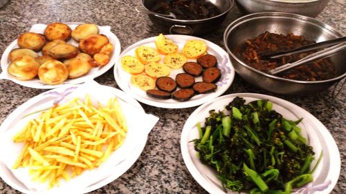 High angle view of meal served on table