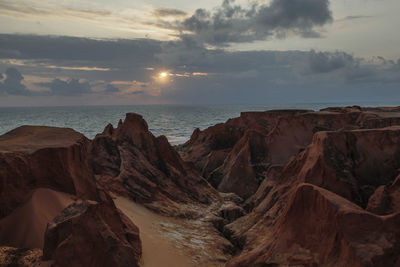 Scenic view of rock formation in sea against sky