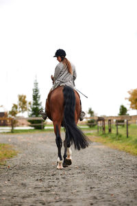 Rear view of woman walking on road