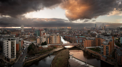 High angle view of townscape against sky during sunset