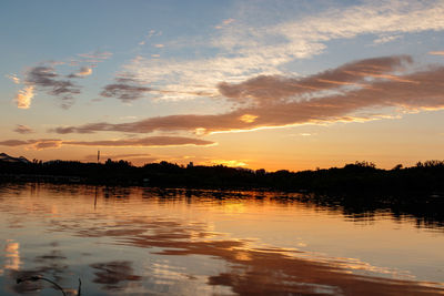 Scenic view of lake against sky at sunset