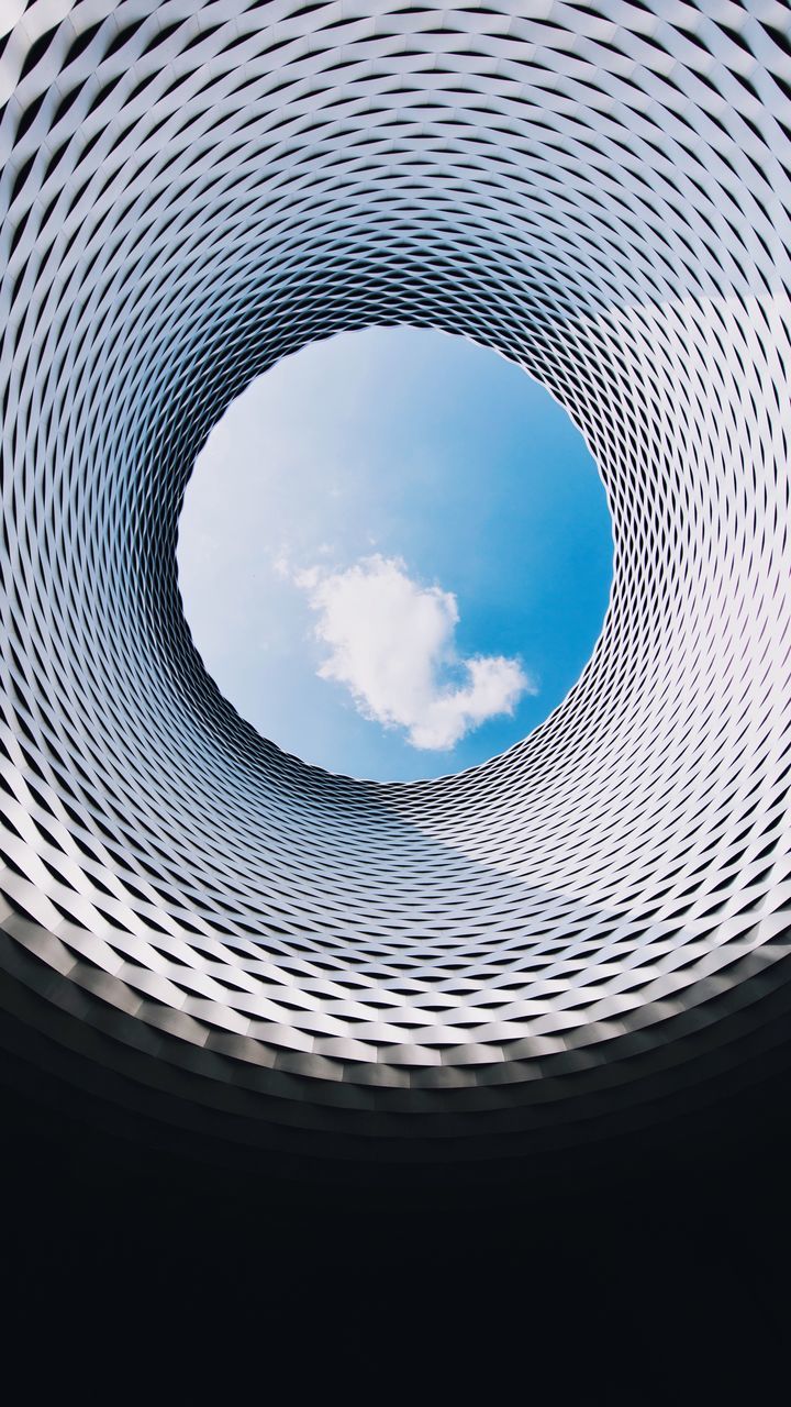 sky, cloud - sky, geometric shape, circle, architecture, shape, no people, nature, built structure, pattern, day, low angle view, outdoors, directly below, design, spiral, tunnel, blue, light at the end of the tunnel, concentric