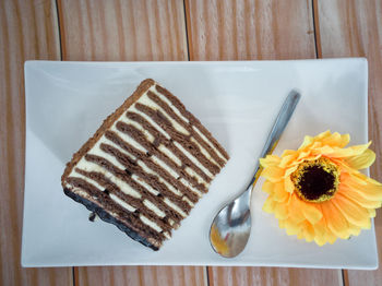 High angle view of dessert in plate on table