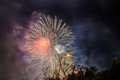 Low angle view of firework display against sky at night