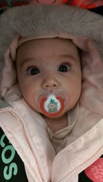 Portrait of baby with pacifier in mouth