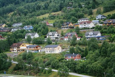 High angle view of houses in town