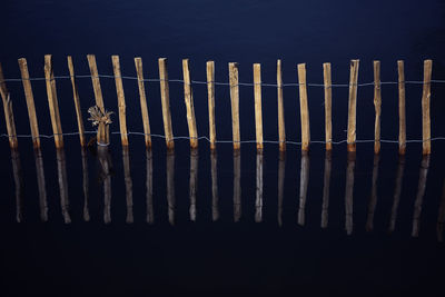 High angle view of fence reflecting in lake