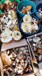 High angle view of mushrooms in bowl on table